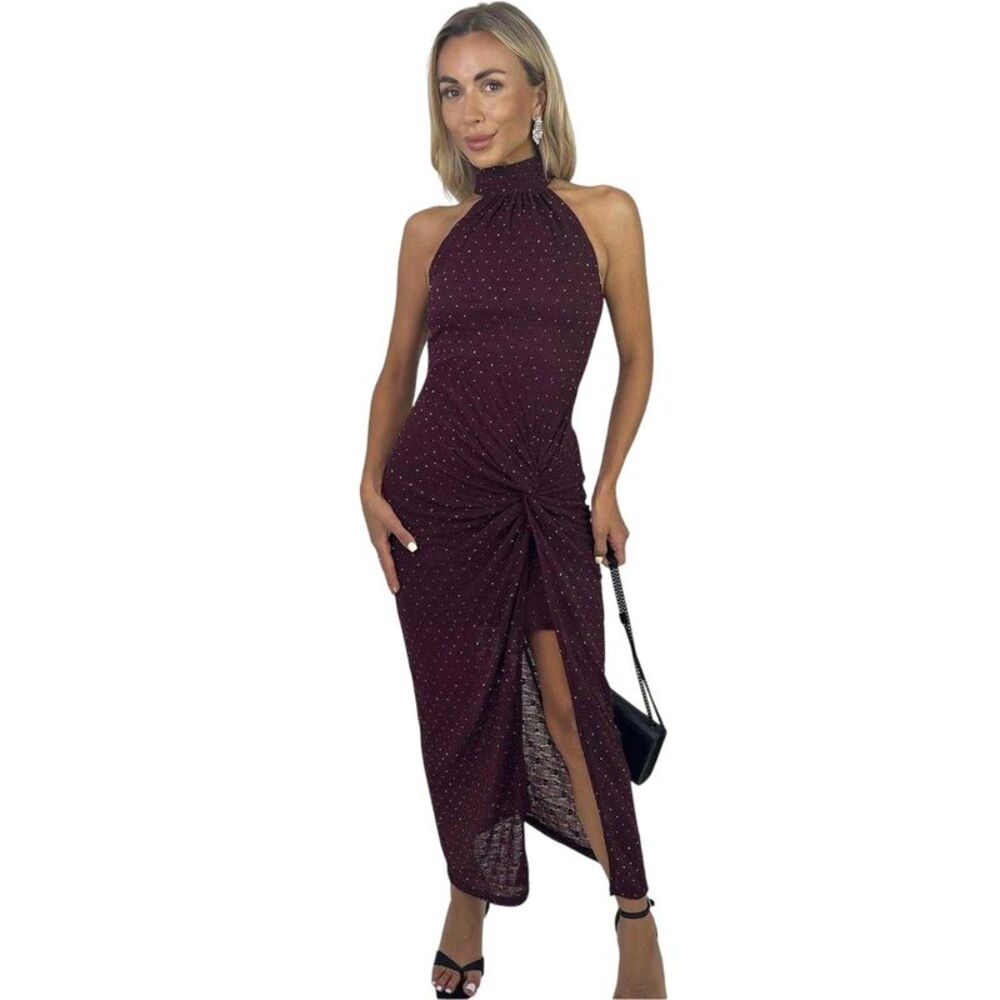 AX Paris Womens/Ladies Diamante Jacquard Halter Neck Party Midi Dress / Plum